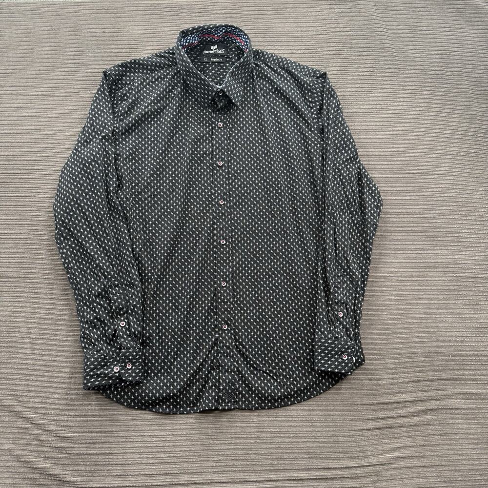 Buttercloth Shirt Men XL Black Geometric Print Cotton Regular Fit Designer.